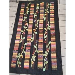 Handmade Artisan Floral Vine Quilt Black Multi Color Applique 82x48 2017 Signed